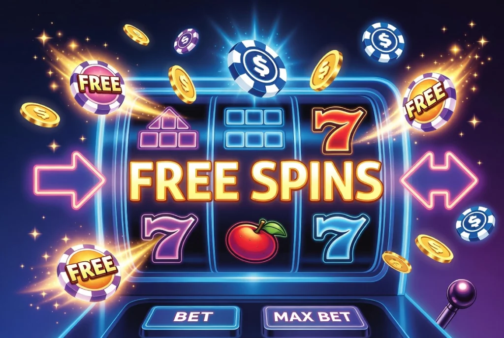 Image of a slot machine and bonuses appearing